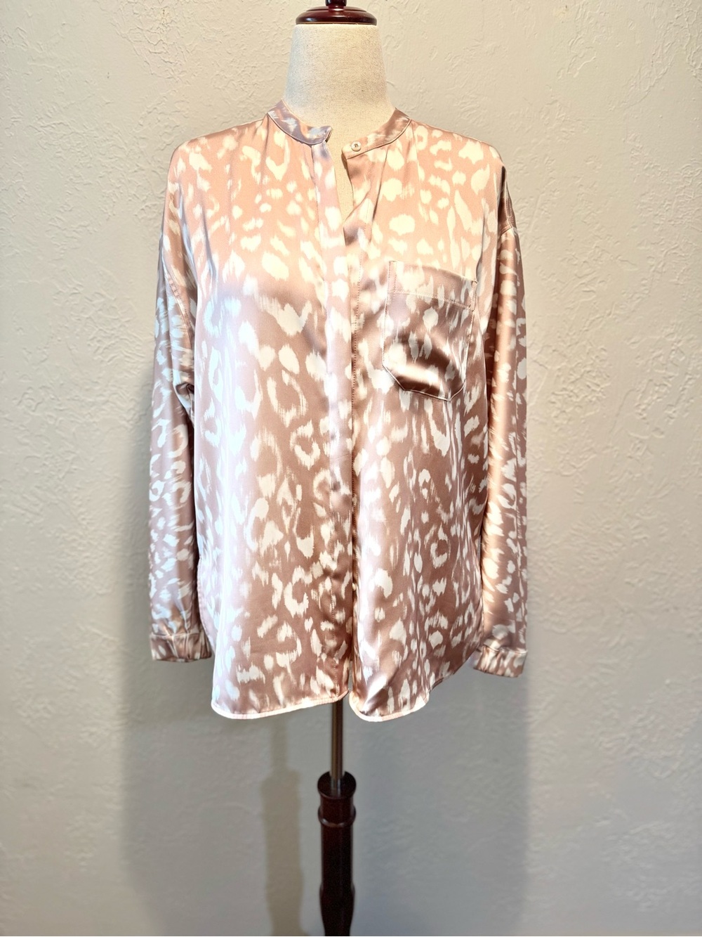 Chico's Black Label Satin Animal-Print Long Sleeve Blouse in Blush and White